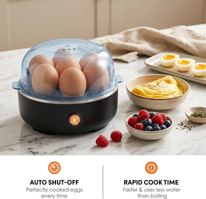 dishwasher-safe removable 7-egg tray, clear lid, and measuring cup