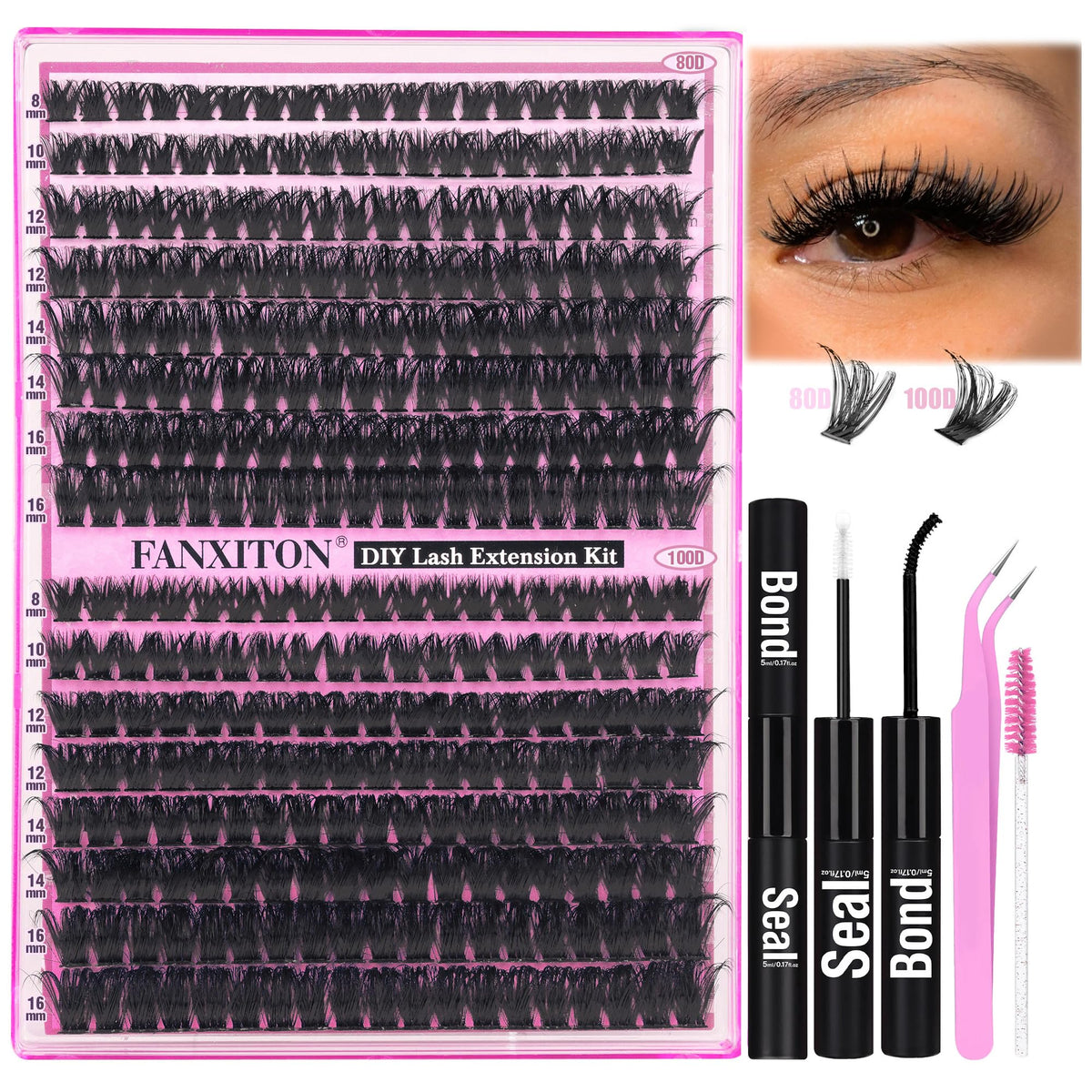 DIY Lash Extension Kit Volume Thick Lash Clusters 80D+100D 320 pcs Individual Lashes D Eyelash Extension Kit Lash Bond and Seal and Tweezers for Lash Clusters Kit DIY at Home
