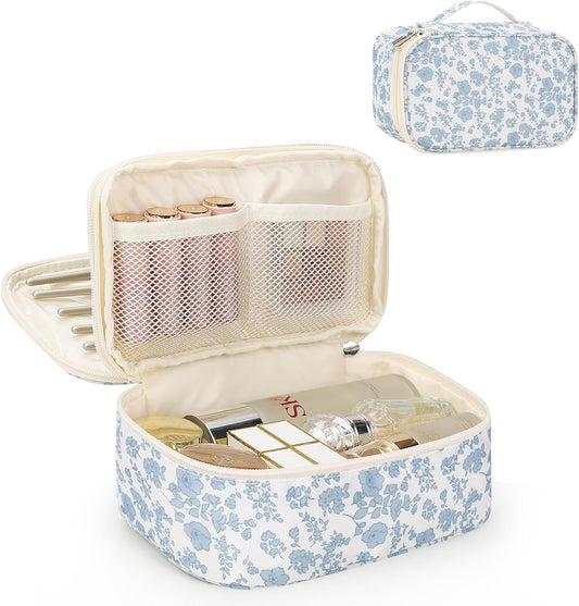 double-layer layout with 6 elastic slots, 4 brush holders, 2 mesh pockets, and 1 large bottom compartment