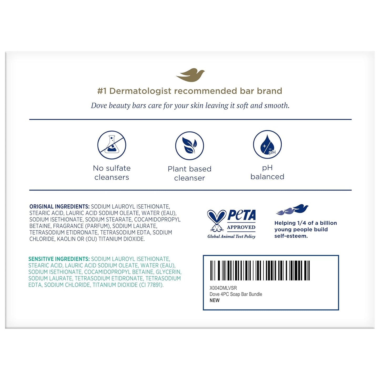 Dove Beauty Bar Soap 4-Pack – Clean, Uncluttered Bathroom Counter Staple, Sensitive Skin & Original, 2.6 Oz Bars
