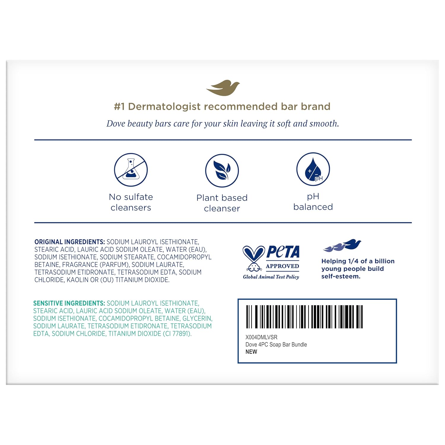 Dove Beauty Bar Soap 4-Pack – Clean, Uncluttered Bathroom Counter Staple, Sensitive Skin & Original, 2.6 Oz Bars