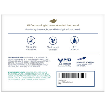Dove Beauty Bar Soap 4-Pack – Clean, Uncluttered Bathroom Counter Staple, Sensitive Skin & Original, 2.6 Oz Bars