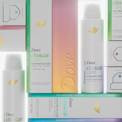 Dove Clinical + Care Original Clean Dry Spray Antiperspirant with Nourishing Serum – Dermatologist-Tested Sensitive Skin Deodorant, Post-Shave Safe, 3.8 oz