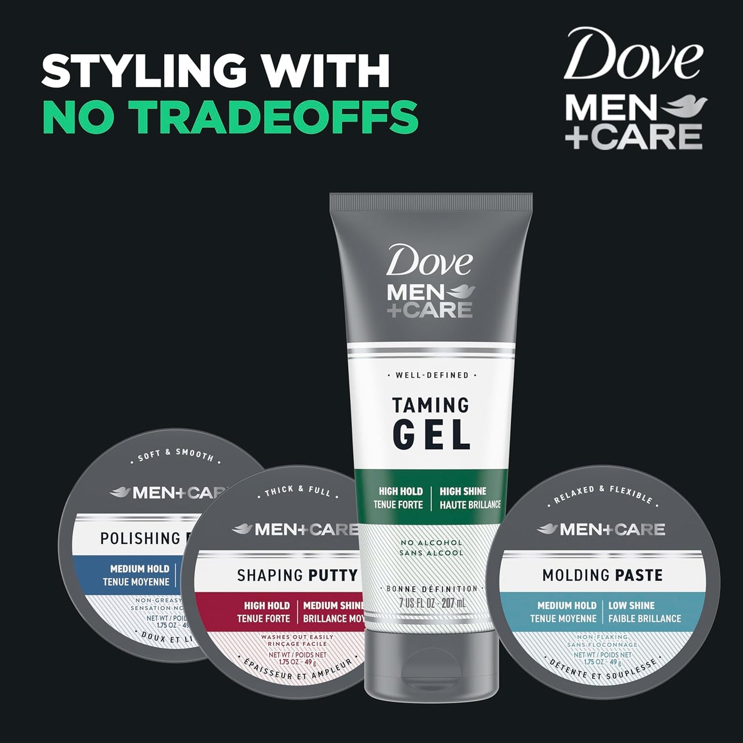 Dove Men+Care Caffeine Styling Gel – Fast Wet-Look Finish for Professionals and Busy Mornings, 7 oz Trio