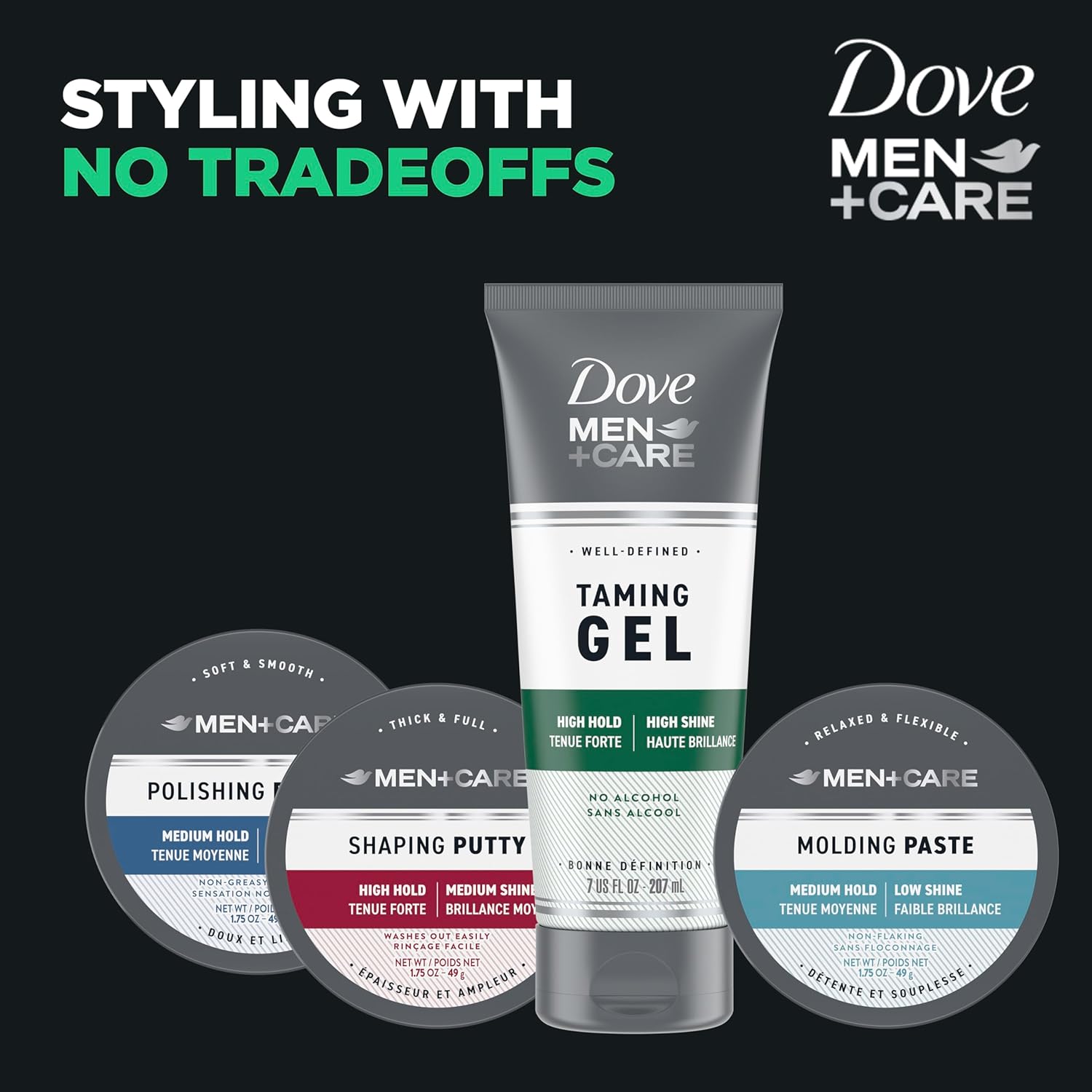 Dove Men+Care Caffeine Styling Gel – Fast Wet-Look Finish for Professionals and Busy Mornings, 7 oz Trio