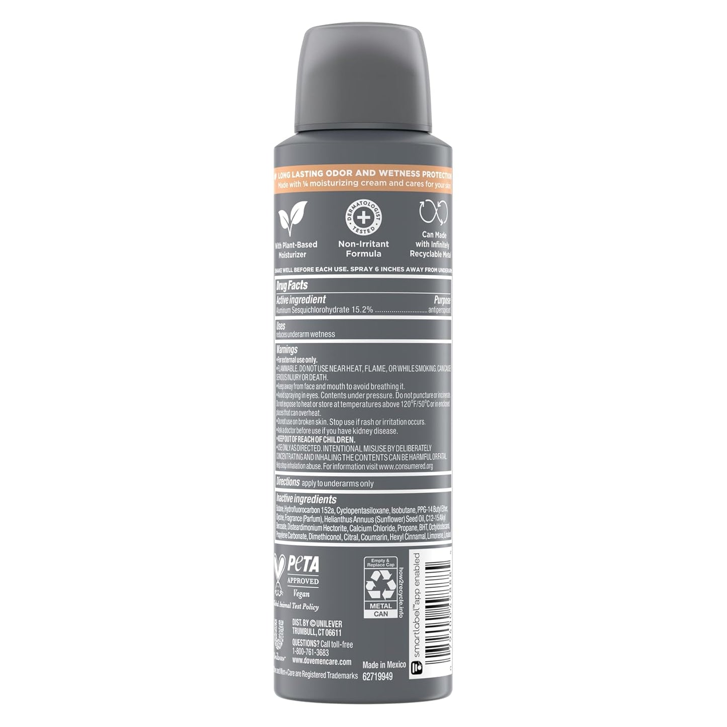DOVE MEN + CARE Dry Spray Antiperspirant Cedarwood + Tonka 4 Count 72H Protection Plant-Based Moisturizer 3.8 oz – On-the-Go Odor Control for Camping and Commutes