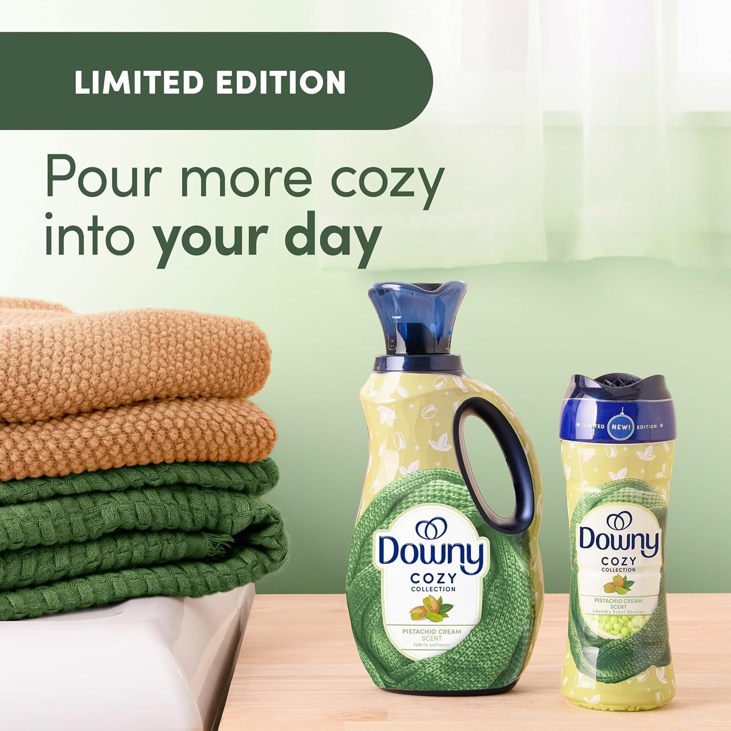 Downy Cozy Collection In-Wash Scent Booster Beads – Pistachio Cream Hostess Gift for Housewarming & Holiday Self-Care, 7.8 oz Limited Edition