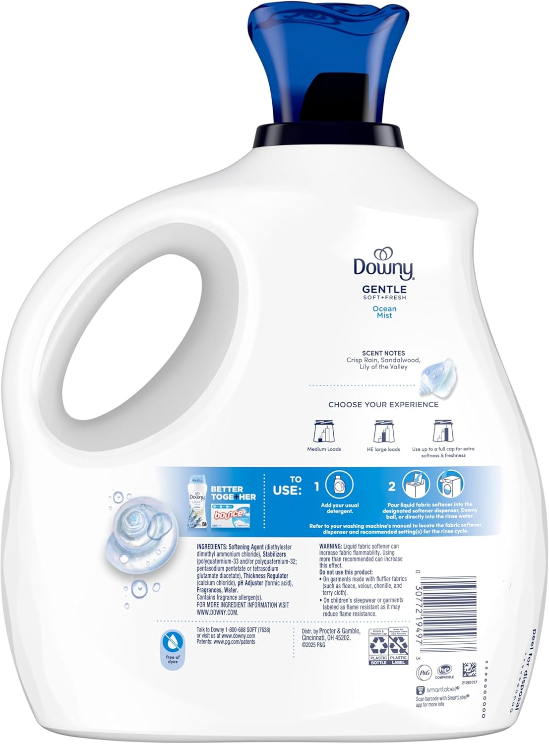 Downy Gentle Soft + Fresh Fabric Softener Liquid, Ocean Mist Scent – Allergy-Friendly Laundry Softener Free of Dyes and Heavy Perfumes