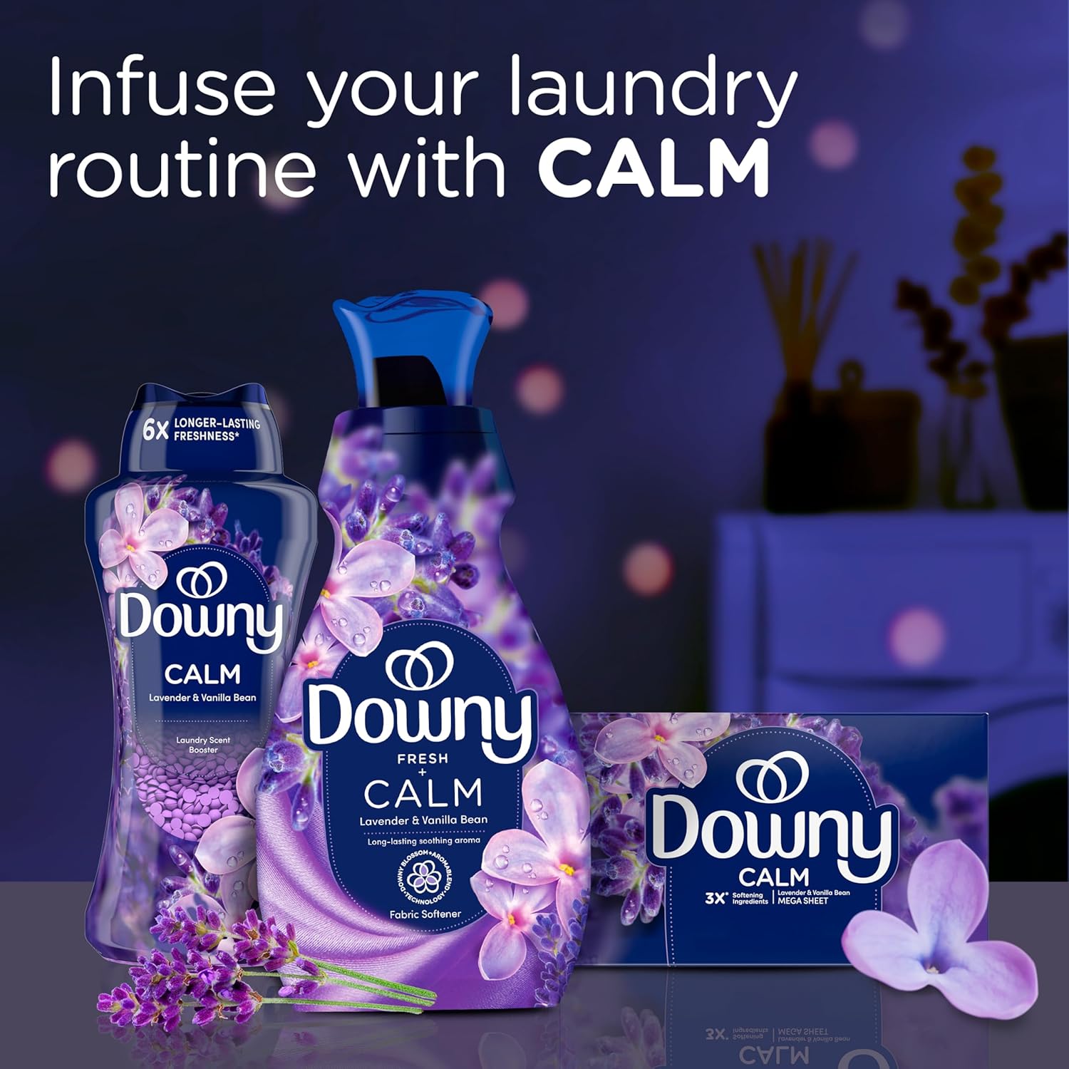 Downy Infusions CALM Fabric Softener Lavender Vanilla – Wind-Down Laundry Essential for Towels, Pajamas and Bed Sheets, 56 Fl Oz Pack of 2