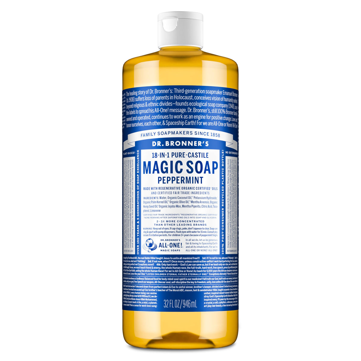 Dr. Bronner&amp;#39;s Pure-Castile Magic Liquid Soap - Made with Regenerative Organic Certified Oils- 18-in-1 Uses for Face, Body, Hand, Hair, Laundry &amp;amp; More- Vegan, Non-GMO- Body Wash- Peppermint,32oz