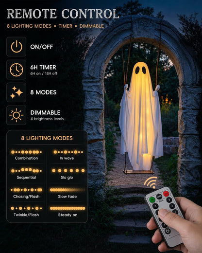 DrapeLite Swing Ghost – Tall Outdoor Halloween Centerpiece for Driveways and Walkways