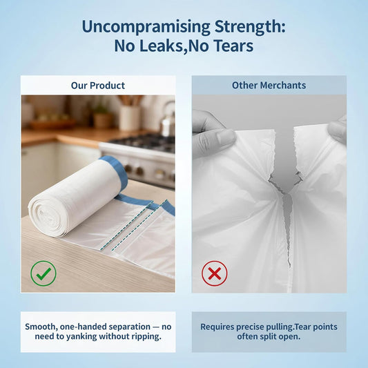 drawstring closure for one-pull tie-up and easy carry to outdoor bin