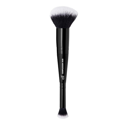dual-ended brush head: larger paddle end for foundation, smaller tapered end for concealer