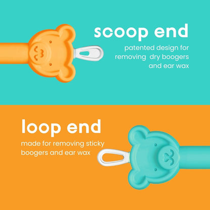 dual-ended design: rubber scoop for dried boogers/earwax and loop for sticky snot