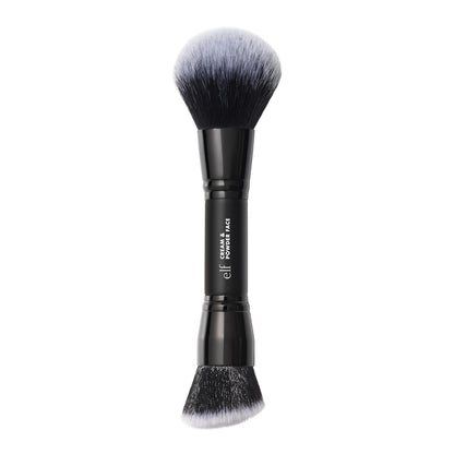 dual-ended design with fluffy powder head and angled buffing cream head