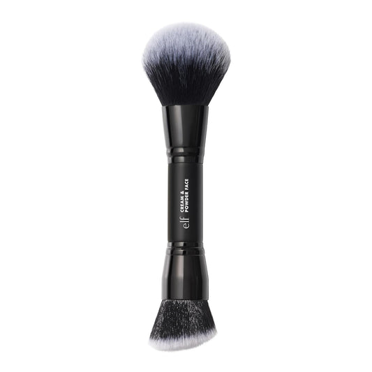 dual-ended design with fluffy powder head and angled buffing cream head