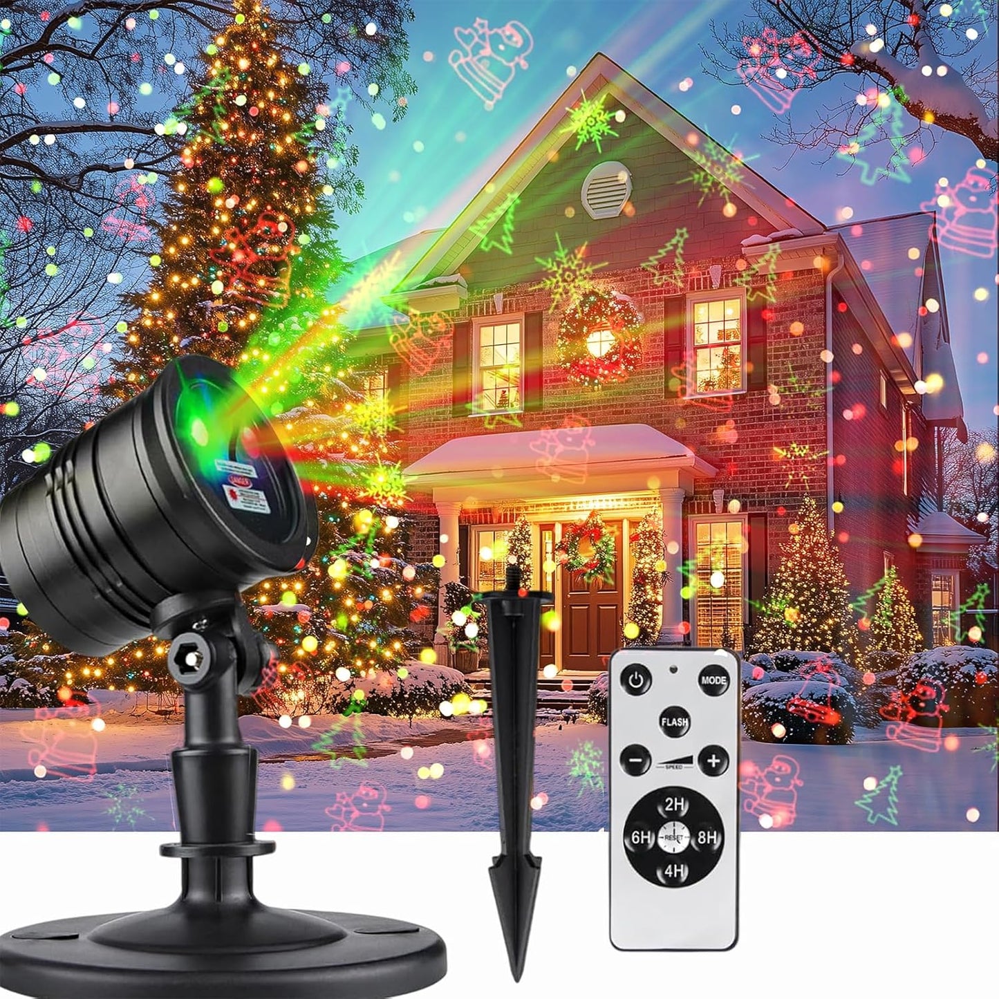 dual red and green laser diodes projecting 5 patterns: snowflake, jingle bell, christmas tree, santa claus, starry sky