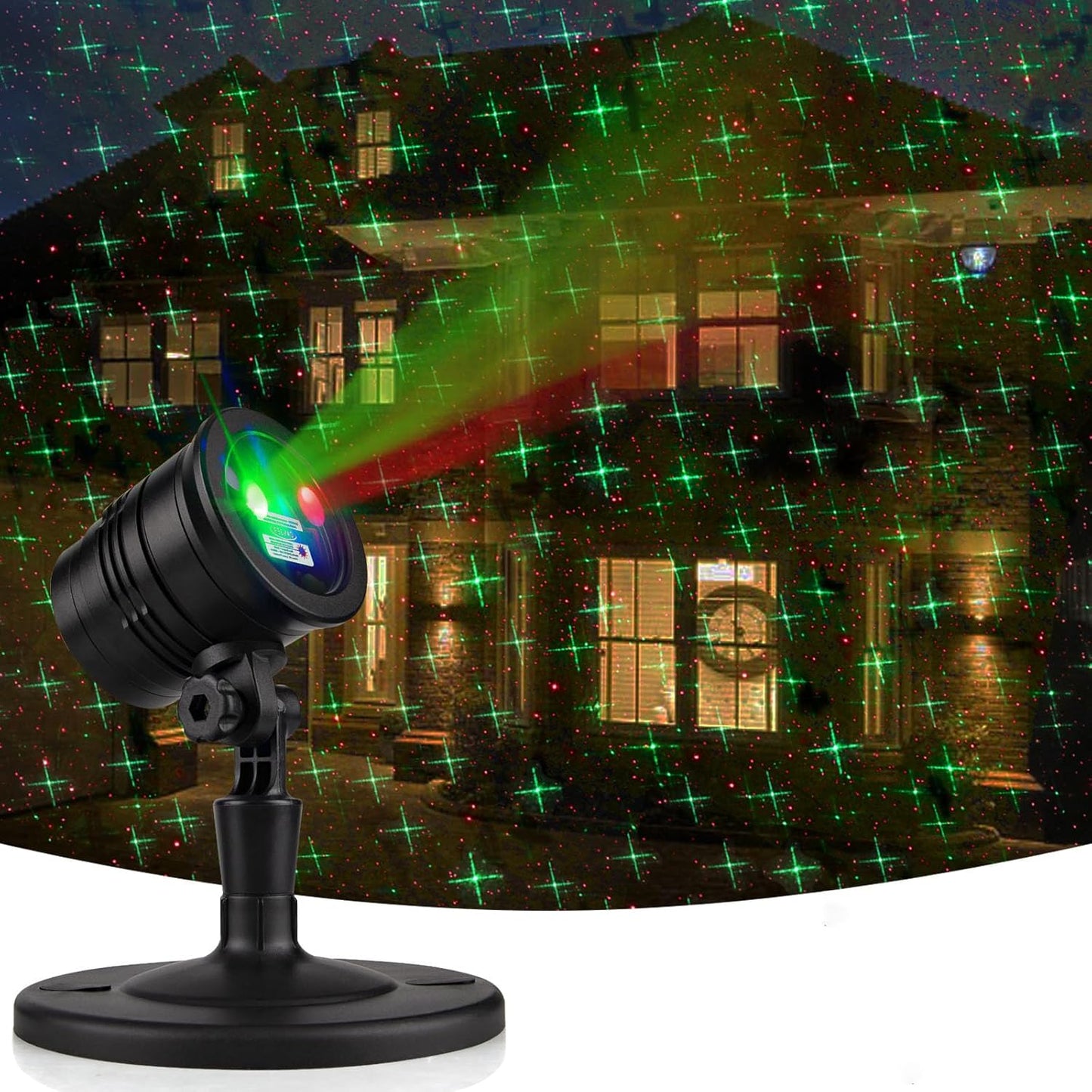 dual red-and-green laser projector with 3 selectable modes (red only, green only, red+green twinkle stars)
