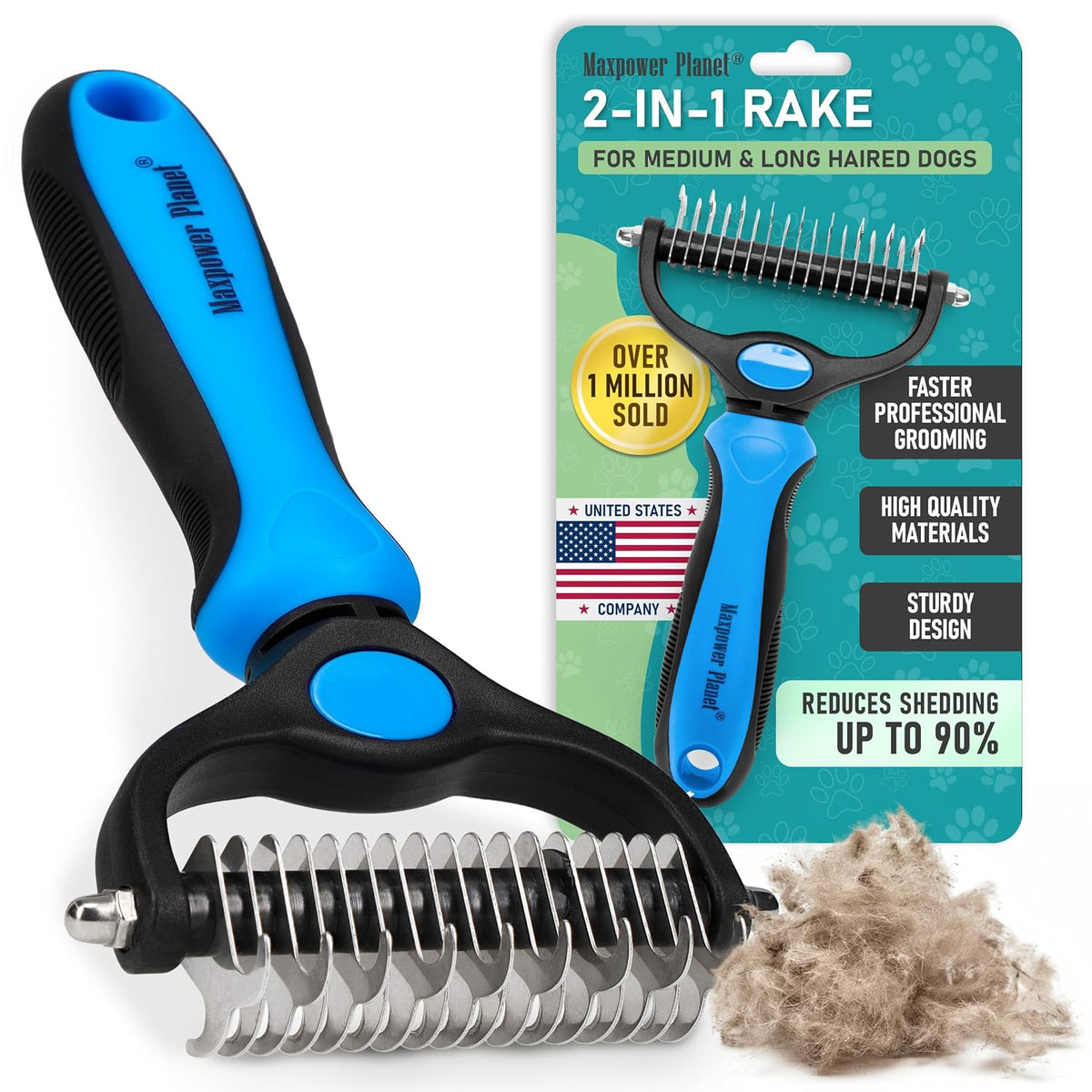 dual-sided head with 9-teeth side for mats/tangles and 17-teeth side for thinning and deshedding