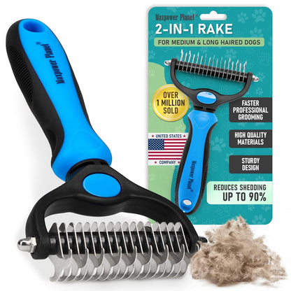 dual-sided head with 9-teeth side for mats/tangles and 17-teeth side for thinning and deshedding