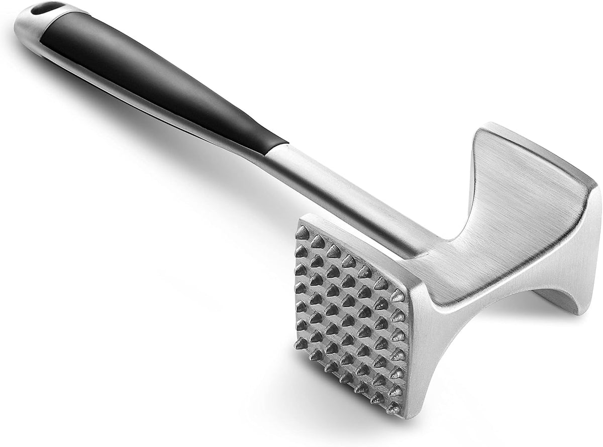 dual-sided mallet head with one textured (tenderizing) side and one smooth (flattening) side