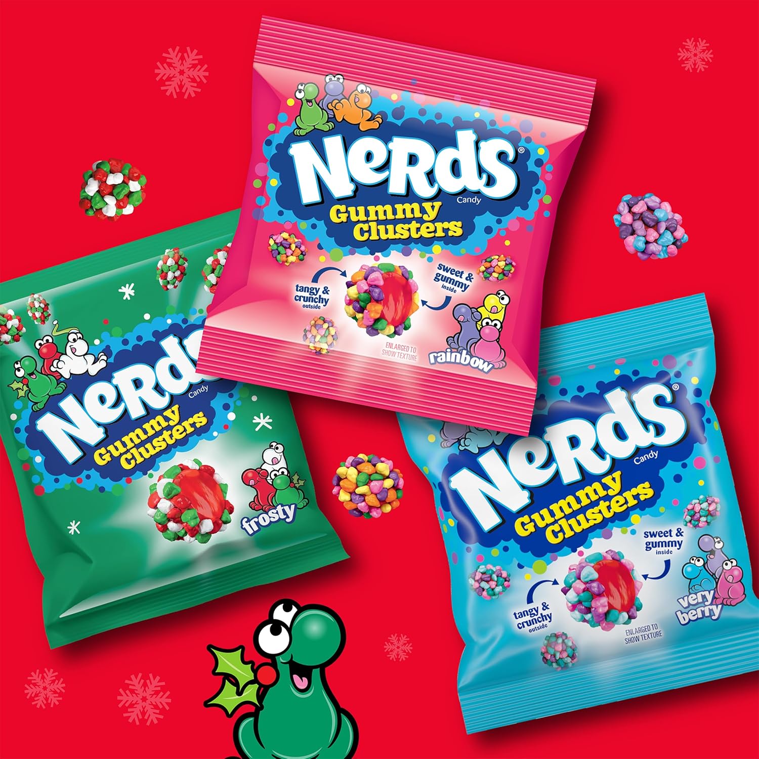dual-texture construction combining a crunchy nerds candy coating with a gummy center