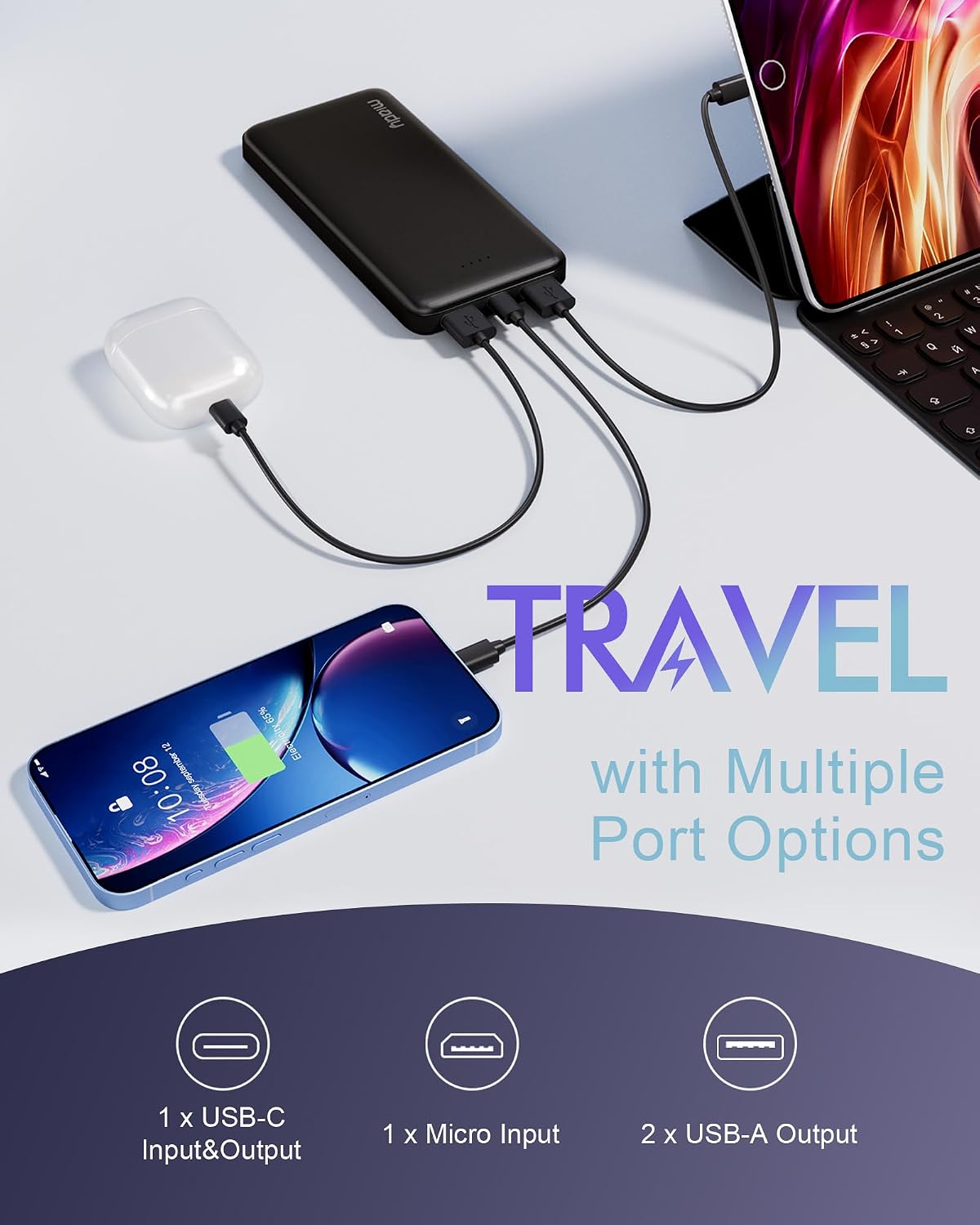 dual usb-a ports plus one usb-c port for charging three devices simultaneously