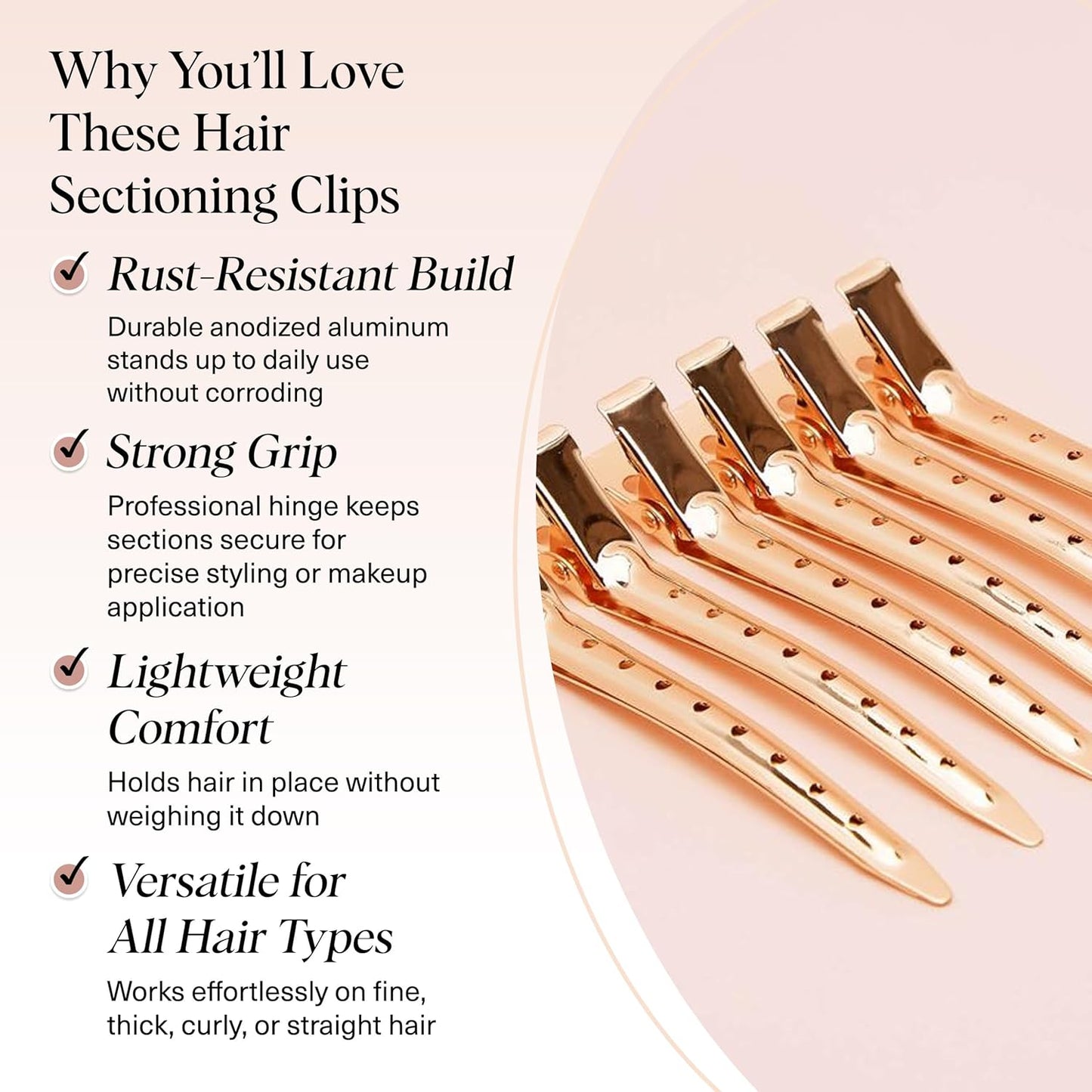 duckbill / alligator clip shape for secure sectioning of layered hair
