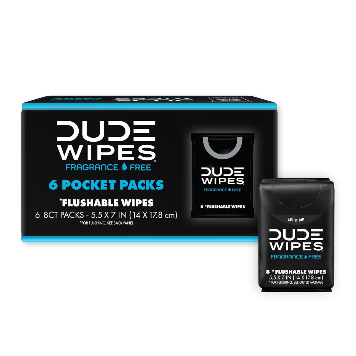 DUDE Wipes Plastic-Free Flushable Wipes – Clean Design Pocket Packs for Intentional Travel Kits, 48 Count