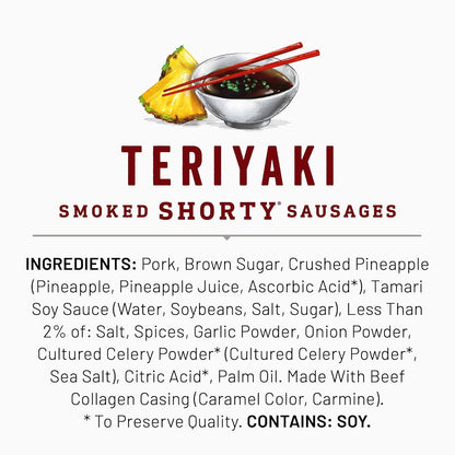 Duke's Pork Teriyaki Smoked Shorty Sausages – Gluten-Free High-Protein Snack for Gym Bag and Post-Workout, 5 oz