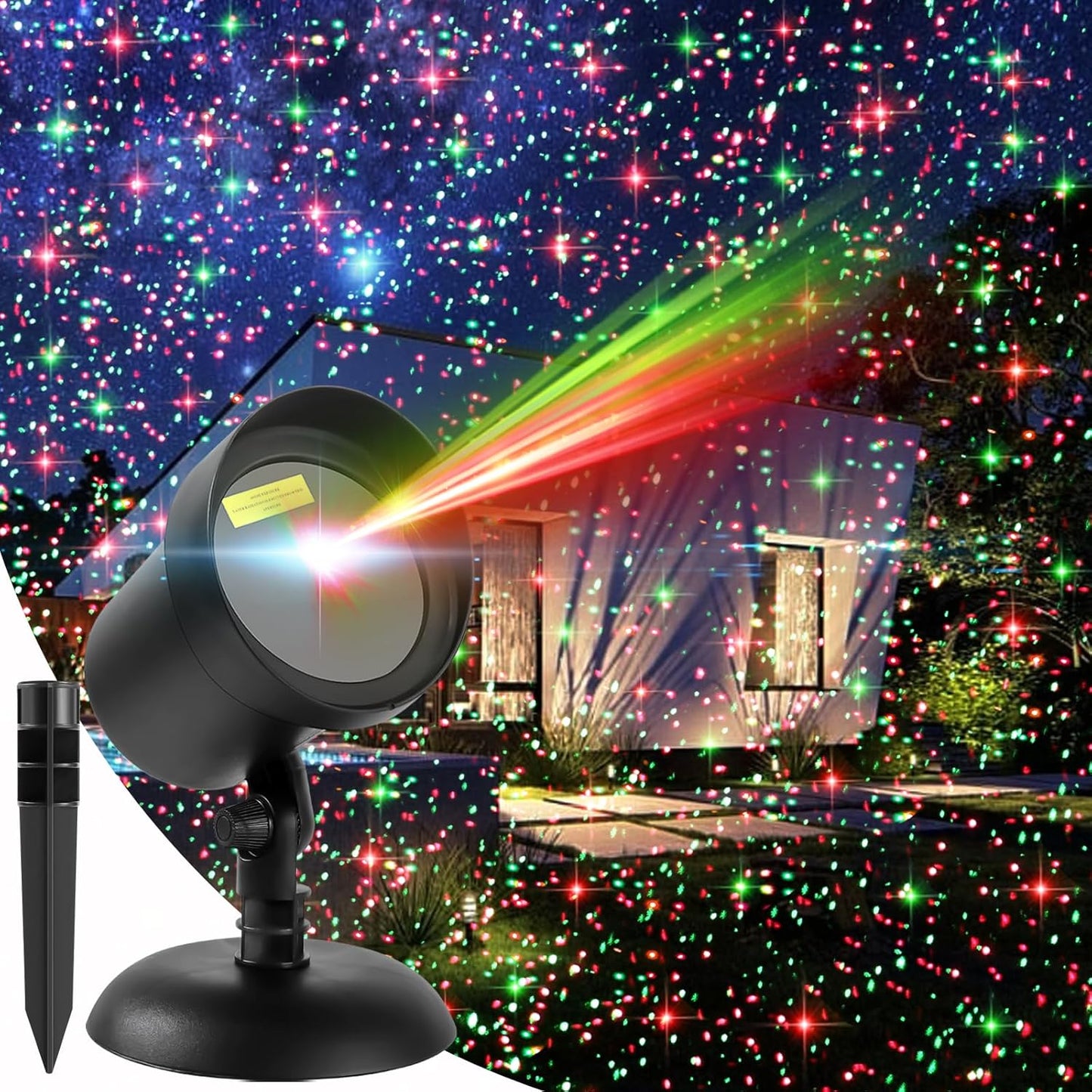dynamic motion pattern projecting thousands of moving red and green starry beams with 270° adjustable head