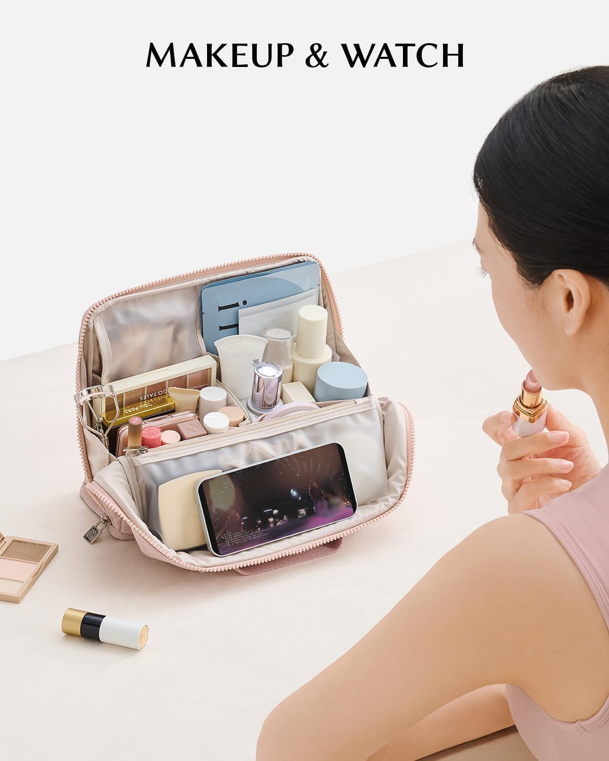 EACHY Standing Makeup Bag - Refined Everyday Makeup Storage for Clean Aesthetic Bedrooms, Effortless Upright Organizer