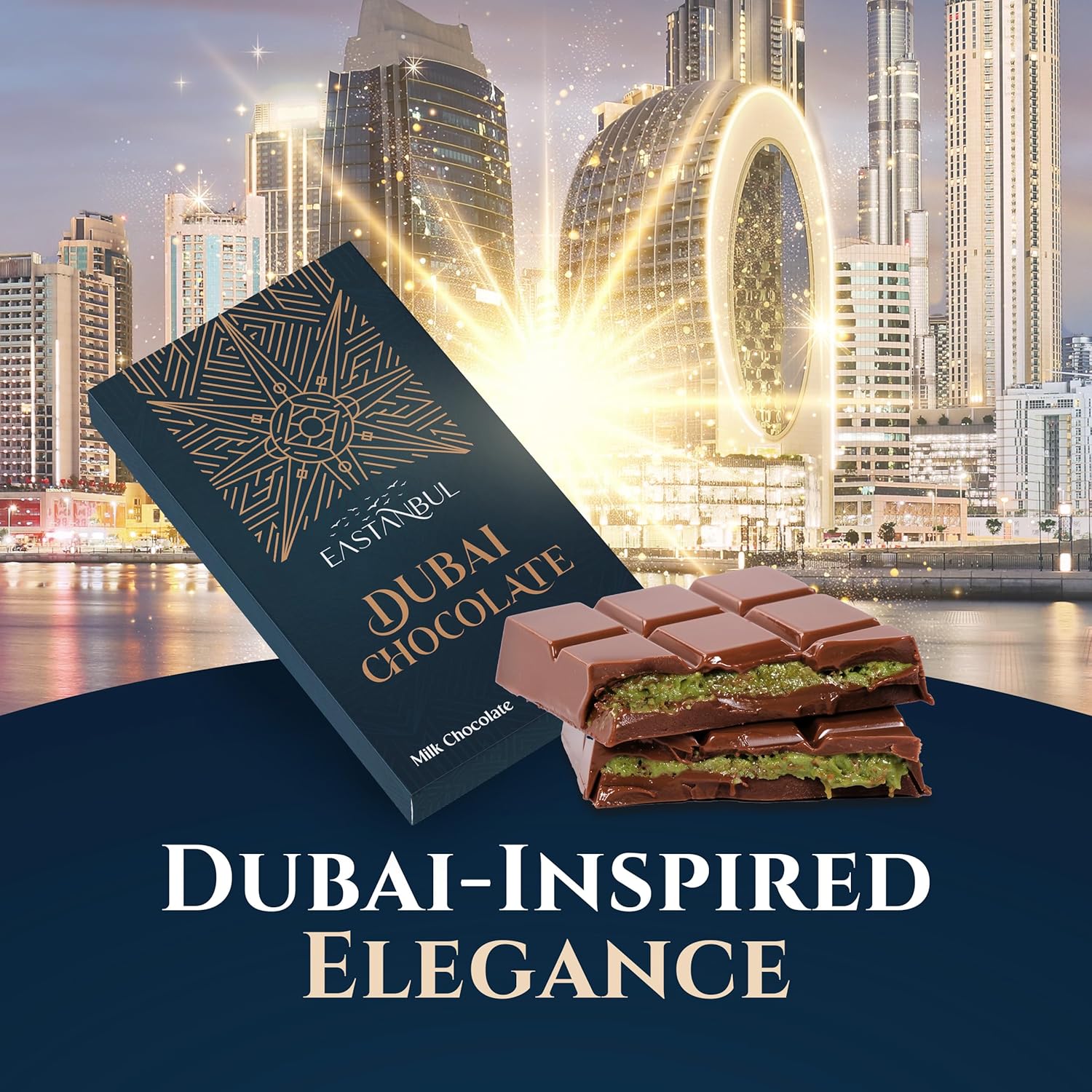 Eastanbul Dubai Style Pistachio Chocolate – Romantic Valentine's Day Gift for Her, Luxury 2.5oz Dessert Bar in Gift Box