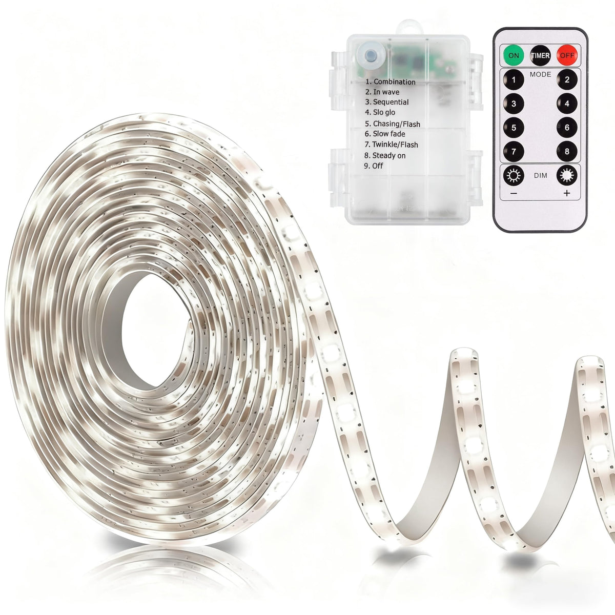echosari Battery Operated Led Strip Lights White with Remote, 8 Modes, Dimmable, Timer, Self-Adhesive, Cuttable, for PC TV Kitchen Cabinet Shelves Bedroom Decor (3m 90LED)