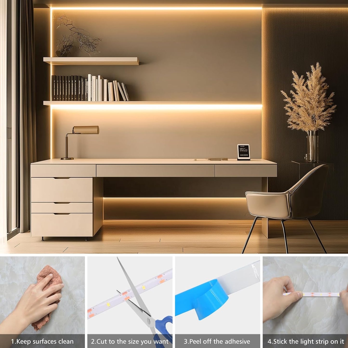 echosari Battery Powered LED Strip – Cordless Minimalist Lighting for Clean Shelves and Under-Cabinet Spaces, 3.3ft Cool White
