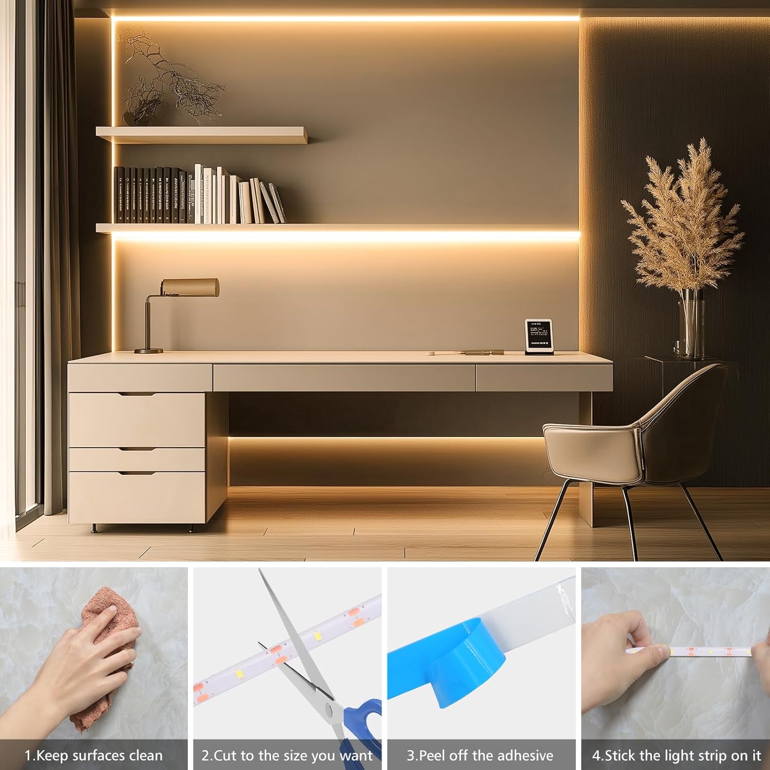 echosari Battery Powered LED Strip – Cordless Minimalist Lighting for Clean Shelves and Under-Cabinet Spaces, 3.3ft Cool White