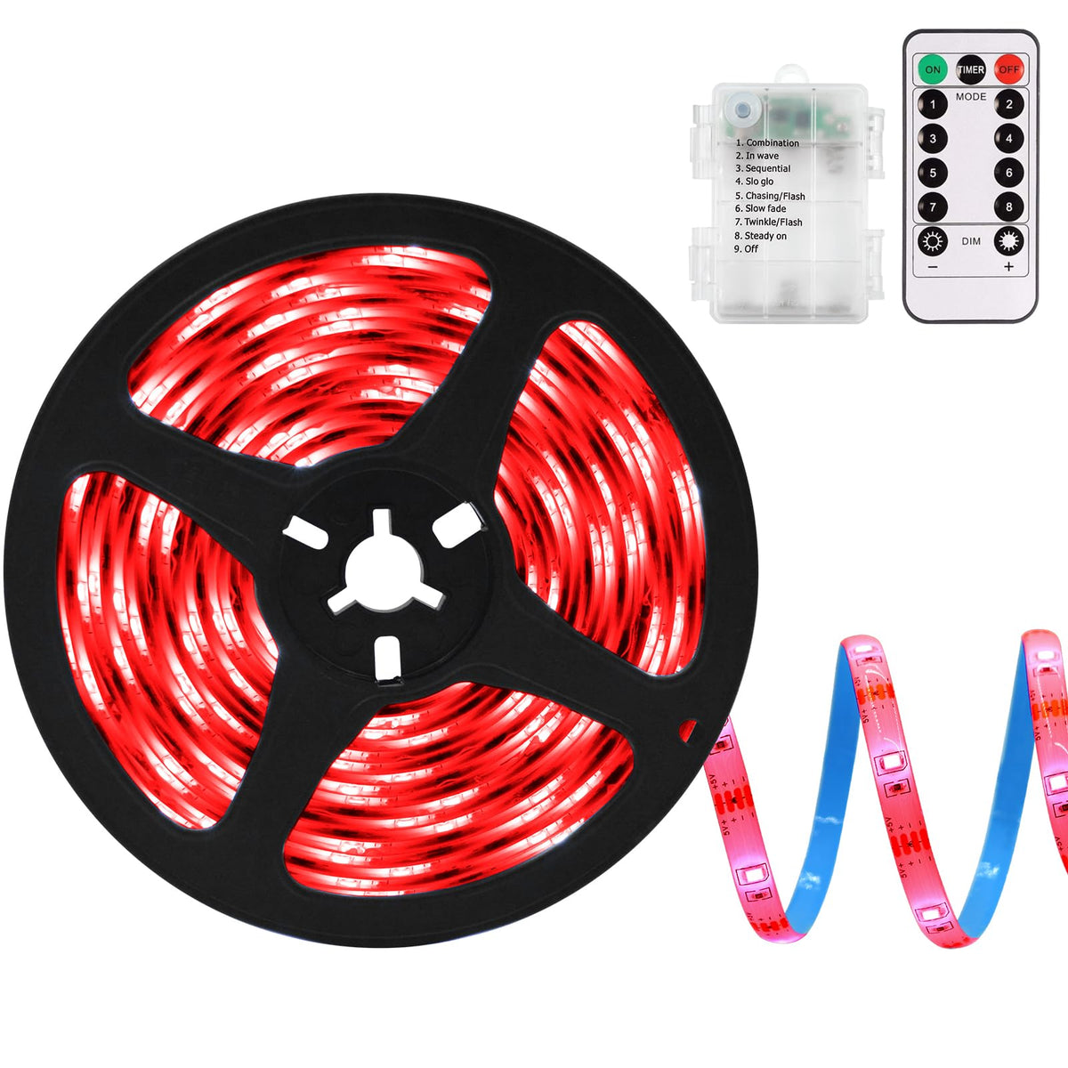 echosari LED Strip Lights Battery Powered, 90 LED Red 2835 SMD Strip Lights 9.8 Ft Cuttable Self-Adhesive Strip Lights with Remote Timer for Outdoor Indoor Party Bedroom Decoration
