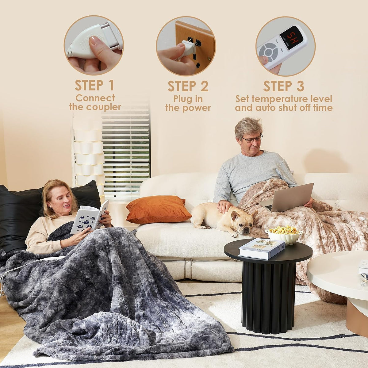 EHEYCIGA Faux Fur Heated Blanket – Family Safe Heated Throw for Living Room, No Open Flame Risk