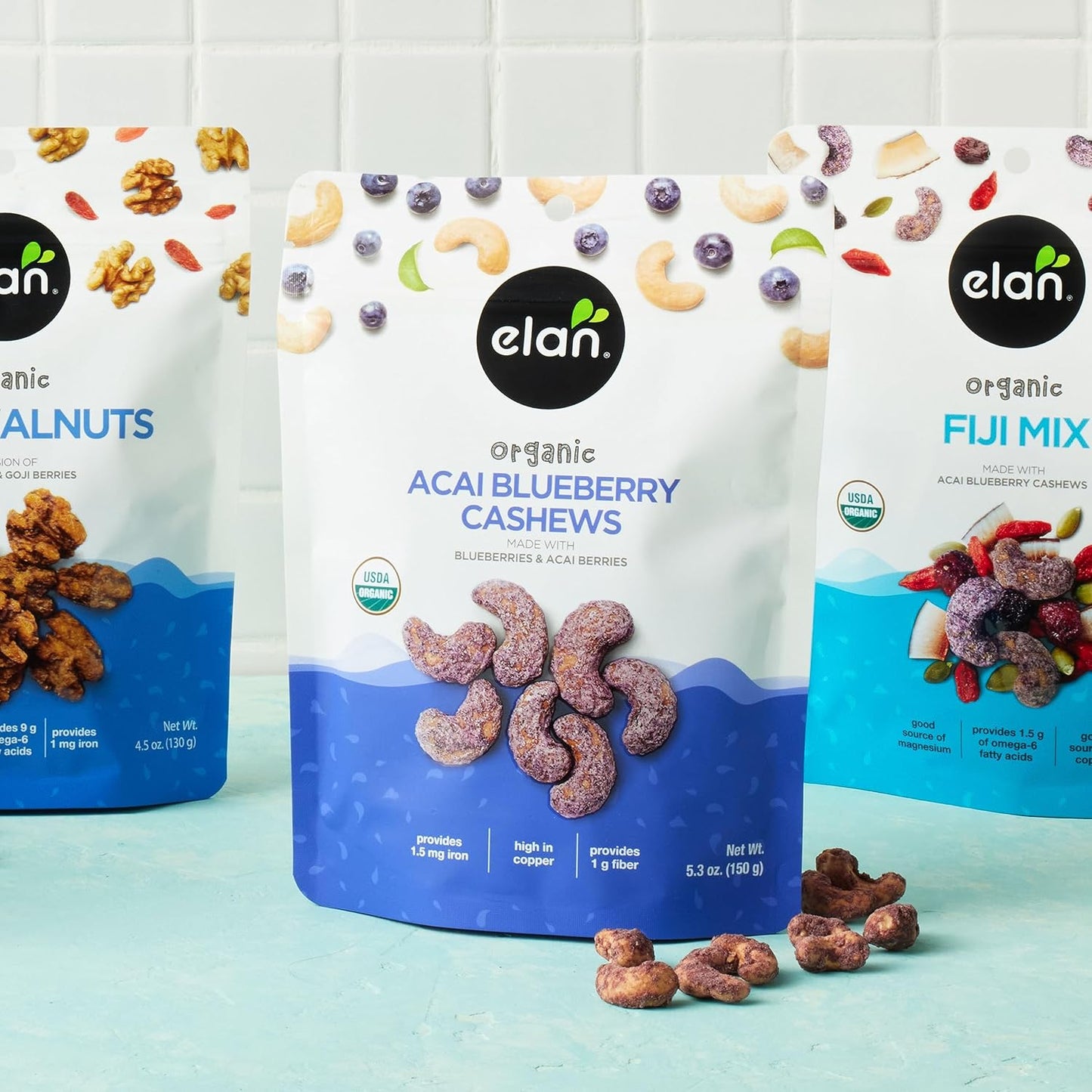 Elan Organic Acai Blueberry Cashews – Hiking Backpack Trail Snack with Protein and Antioxidants, 5.3 oz Resealable Superfood Bag