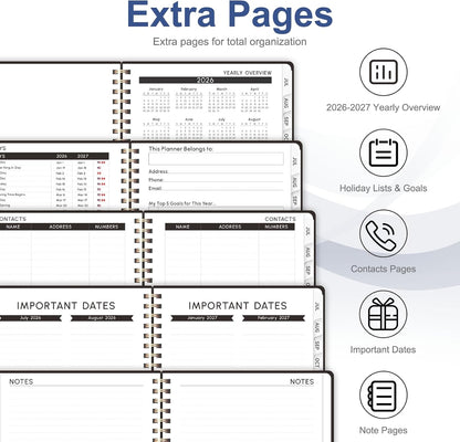 elastic closure band, inner storage pocket, and bonus contacts and goals pages