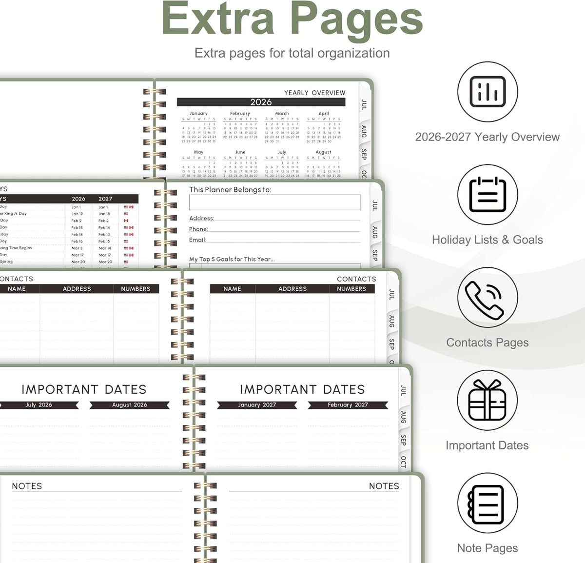 elastic closure band, inner storage pocket, and dedicated contacts and goals pages