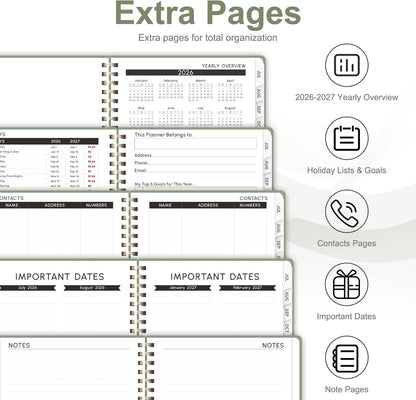 elastic closure band, inner storage pocket, and dedicated contacts and goals pages