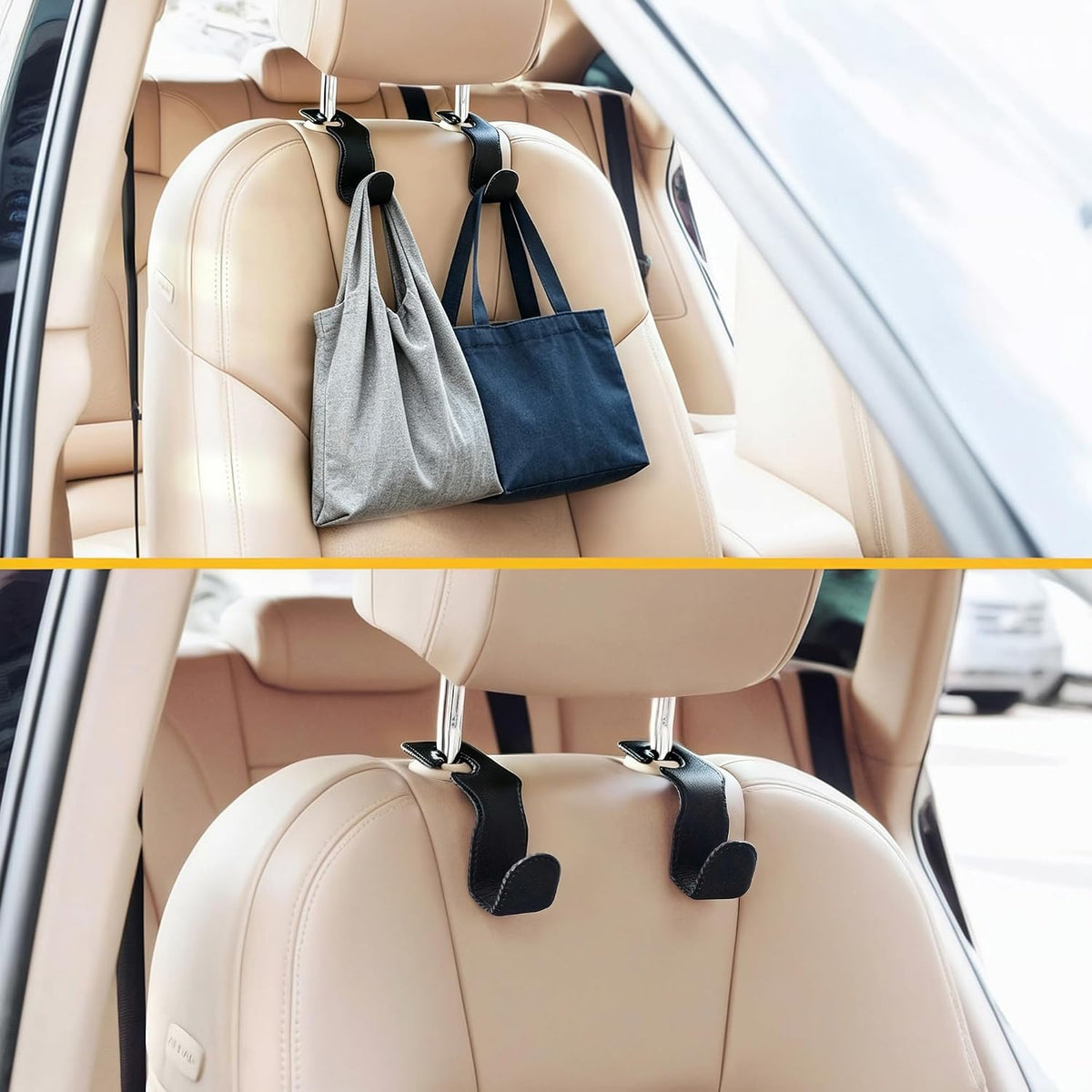 EldHus Headrest Hooks for Purses and Bags – SUV Interior Organizer for Family Road Trips, Leather-Wrapped 2 Pack