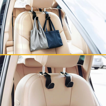 EldHus Headrest Hooks for Purses and Bags – SUV Interior Organizer for Family Road Trips, Leather-Wrapped 2 Pack