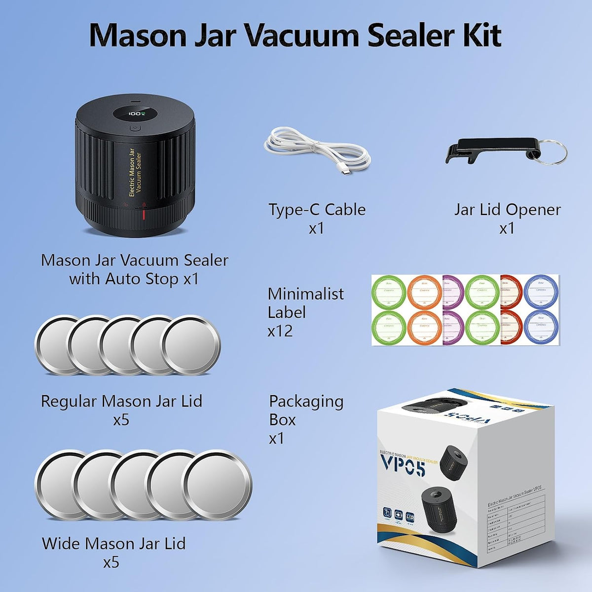 Electric Mason Jar Vacuum Sealer Kit with One Touch Auto-Pause – Self-Care Lifestyle Gift for Holistic Home Cooks, Eco-Friendly Mason Jar Preservation