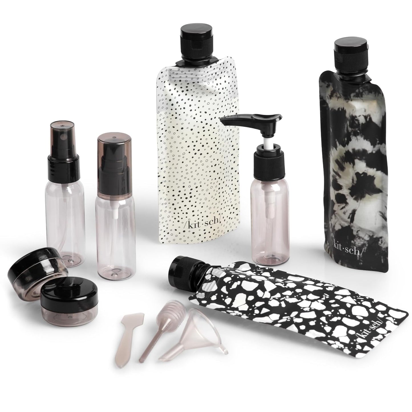 eleven-piece set including spray bottle, pump bottles, mini jars, flat pouches, and a 1qt travel pouch