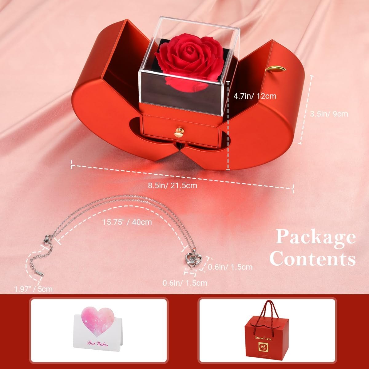 Emibele Preserved Rose and Heart Necklace – Calming Bedroom Nightstand Décor for a Restful Wind-Down Ritual