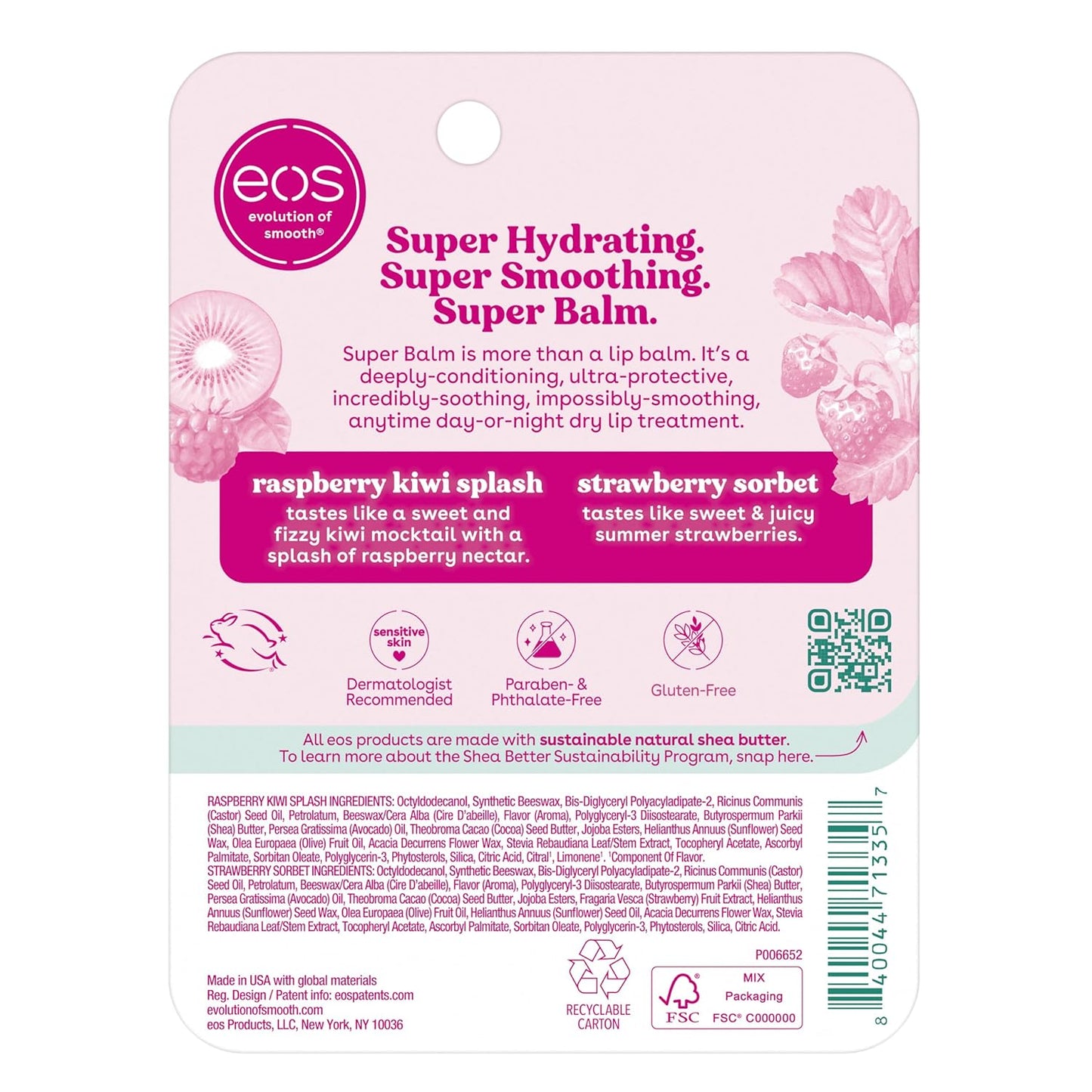 eos 24H Moisture Super Balm – Affordable Holiday Gift for Mom, Clean Beauty Lip Treatment Set with Raspberry Kiwi and Strawberry