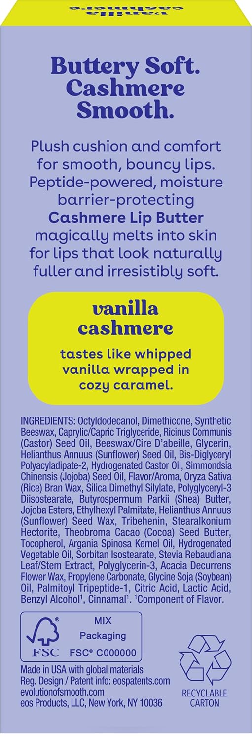 eos Cashmere Lip Butter – Thoughtful Birthday Gift for Her, Plumping Peptide Lip Moisturizer with Vanilla Cashmere Scent