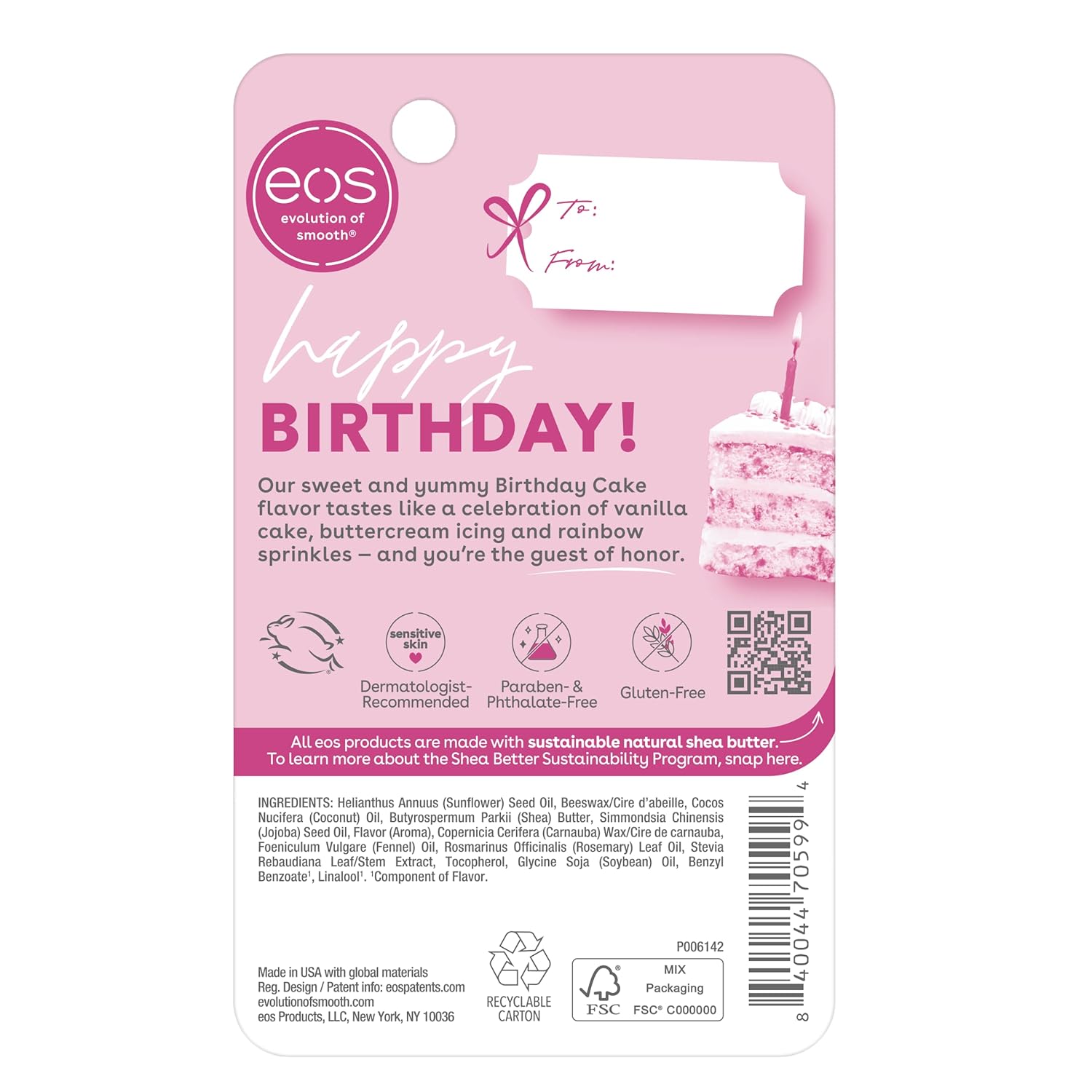 eos Natural Birthday Cake Lip Balm – Cute Birthday Gift for Mom and Best Friend, Hypoallergenic Vanilla Cake Flavor